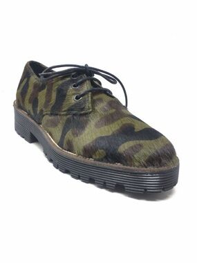 Unisex Shellys London Terrwyn Fur Green Camo Lace Up Platform Oxford Shoes